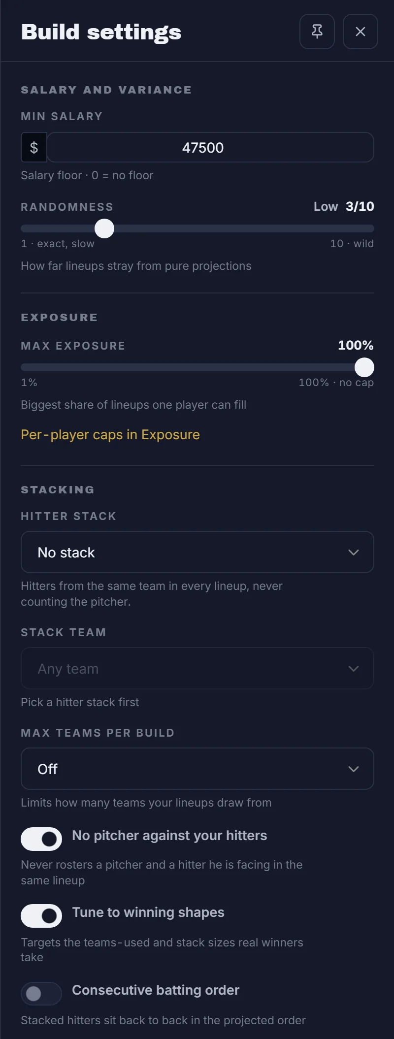 The Build settings panel: min salary, randomness, exposure cap, hitter stack shape, stack team, max teams, the pitcher rule, winning-shape tuning and consecutive batting order