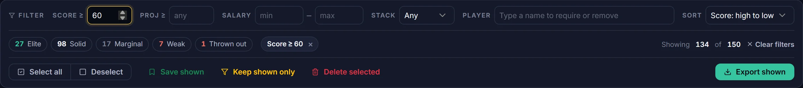The refine bar: score, projection, salary, stack and player filters, score tiers, and Save shown, Keep shown only and Export shown actions