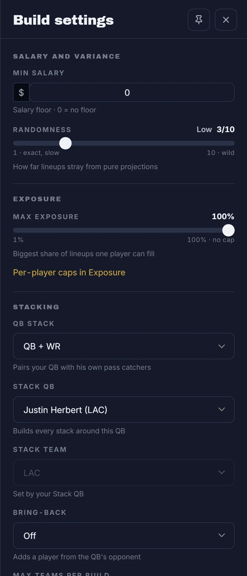 The Build settings panel: min salary, randomness, exposure cap, QB stack, stack QB, stack team and bring-back controls